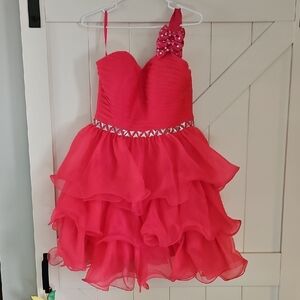 Pink One-Shoulder Ruffled Party Dress with Jeweled Waist